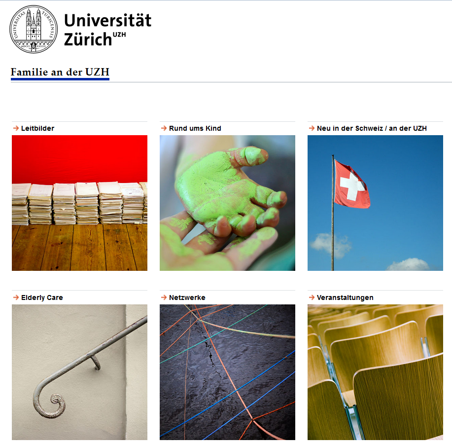 Screenshot der Homepage der Familienwebseite. Er zeigt die sechs Themenfelder der Webseite: Leitbilder, Rund ums Kind, Neu in der Schweiz/an der UZH, Elderly Care, Netzwerke, Veranstaltungen 
